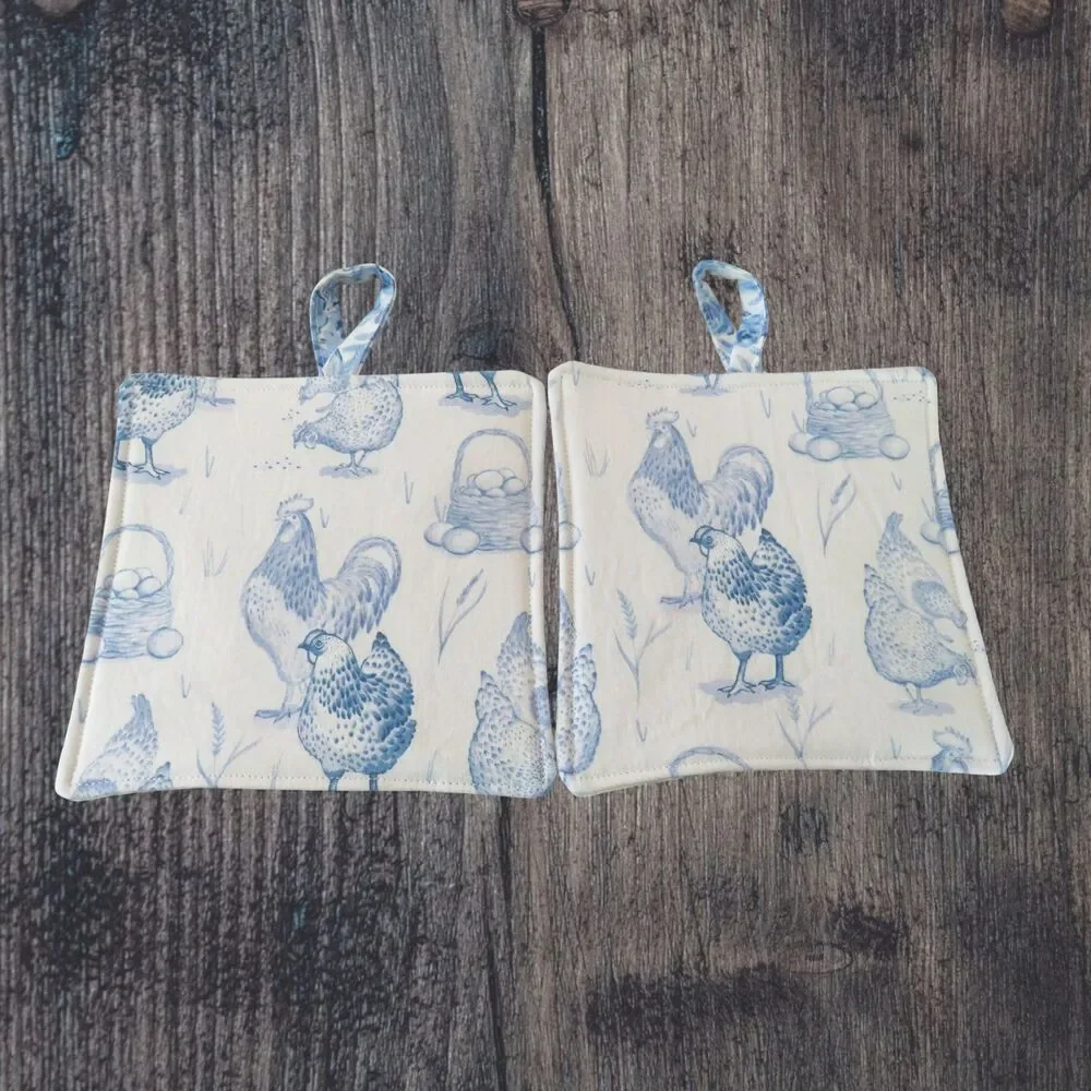 Handmade Potholder, Set of 2, Reversible Chickens and Blue Rose Hot Pads